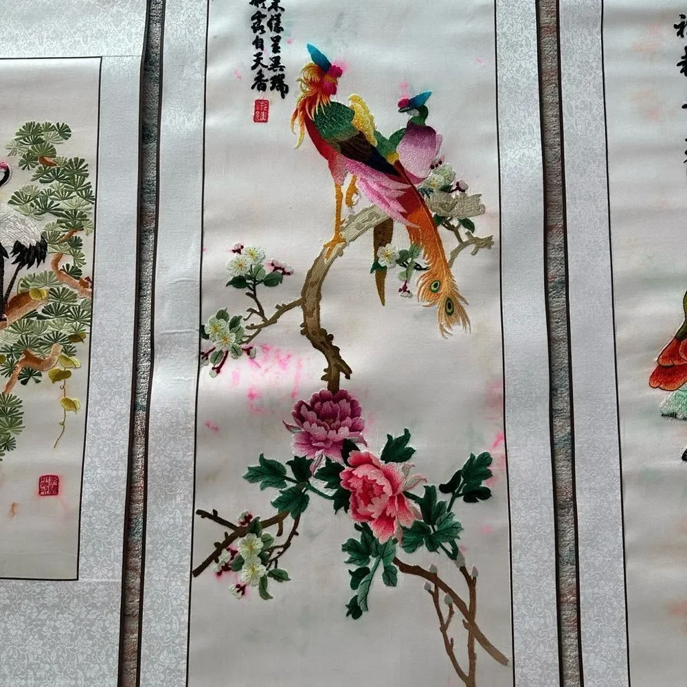 Vintage Chinese Silk Kesi Needlepoint Embroidered Tapestry Scroll 5 Panels Piece